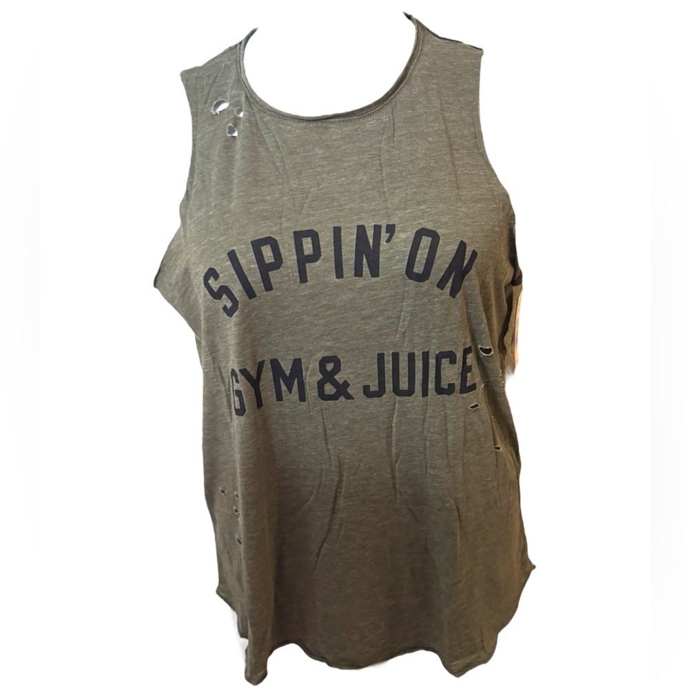 Grayson/Threads “Sippin’ On Gym & Juice” Distressed Tank Top (Olive Green)